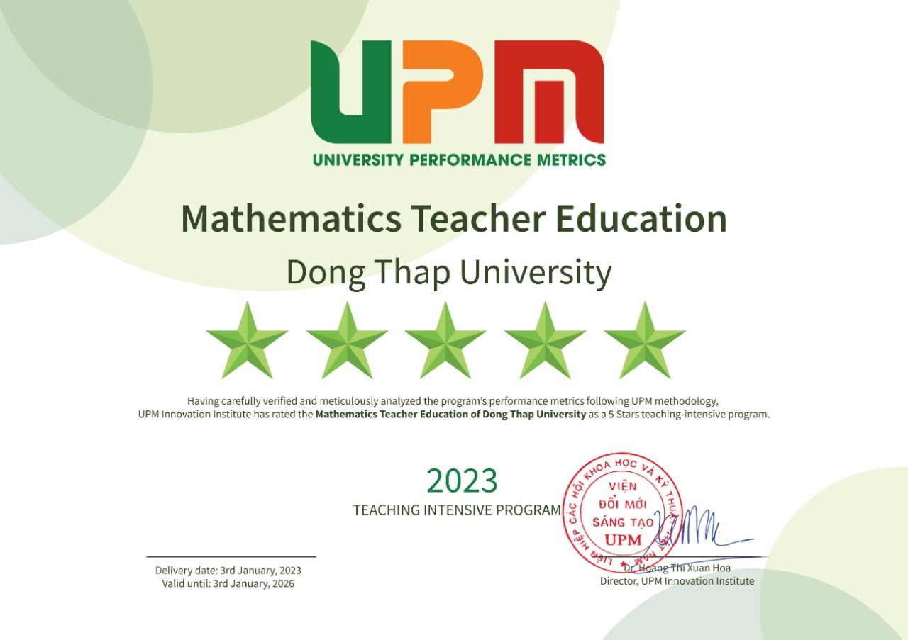 Chứng nhận 5 sao xếp hạng đối sánh chất lượng giáo dục đại học UPM cho Chương trình đào tạo Cử nhân Sư phạm Toán