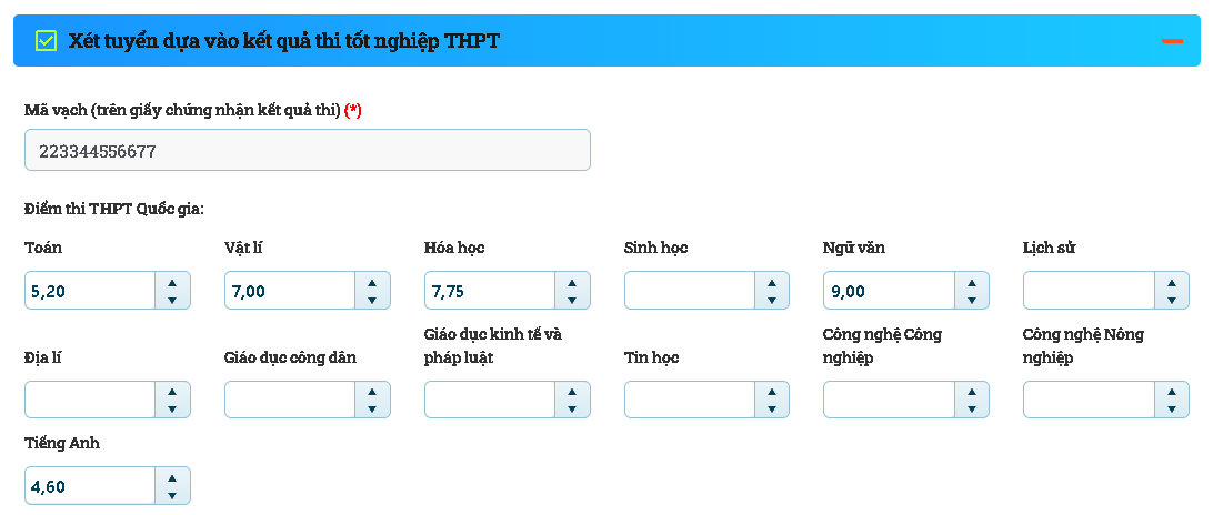 Nhập mã vạch và điểm thi