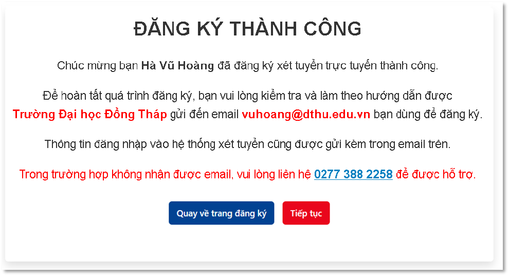 Kết quả đăng ký thành công